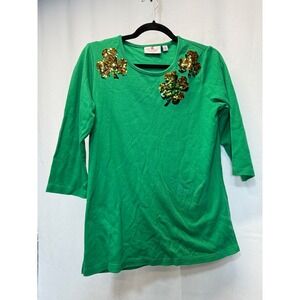 Quacker Factory Green Shamrock Sequin 3/4 Sleeve Top Shirt XS St Patricks Day